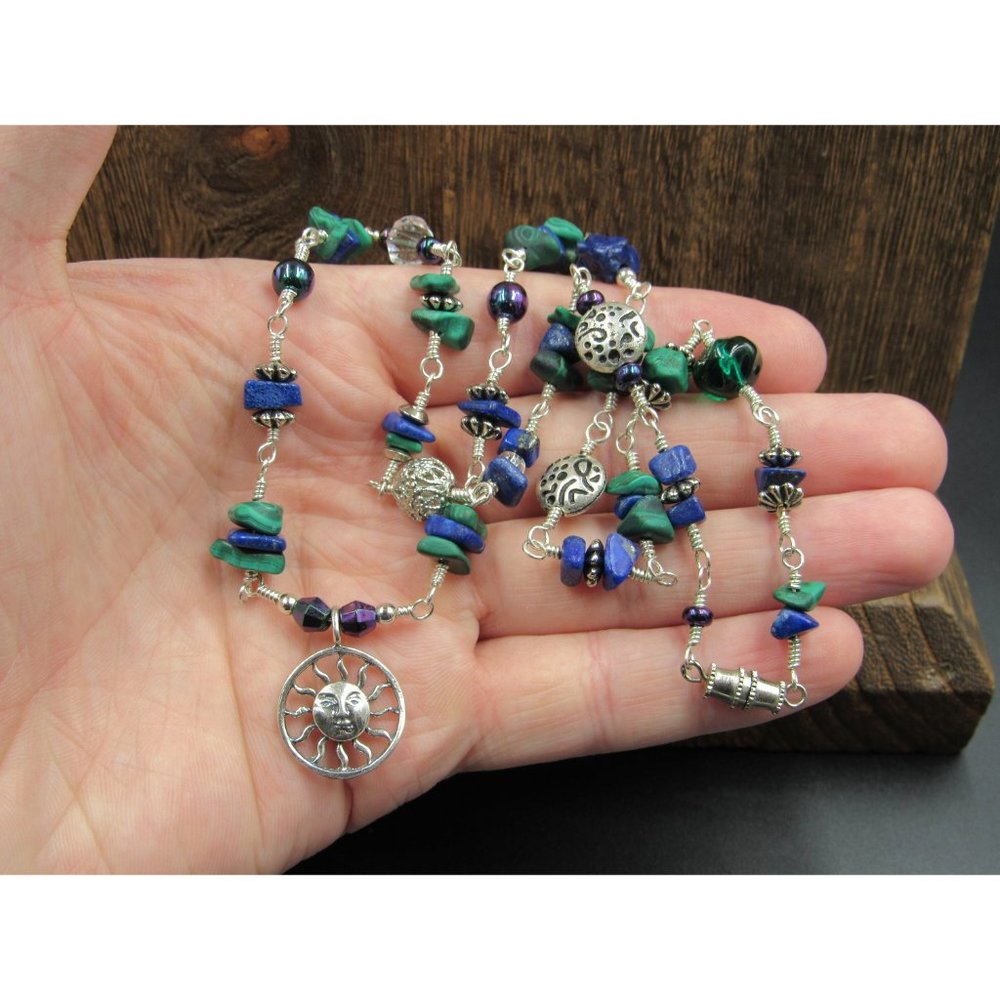 20" Sterling Silver Malachite Lapis Lazuli Sun Pendant Necklace Vintage - Picture 3 of 9
